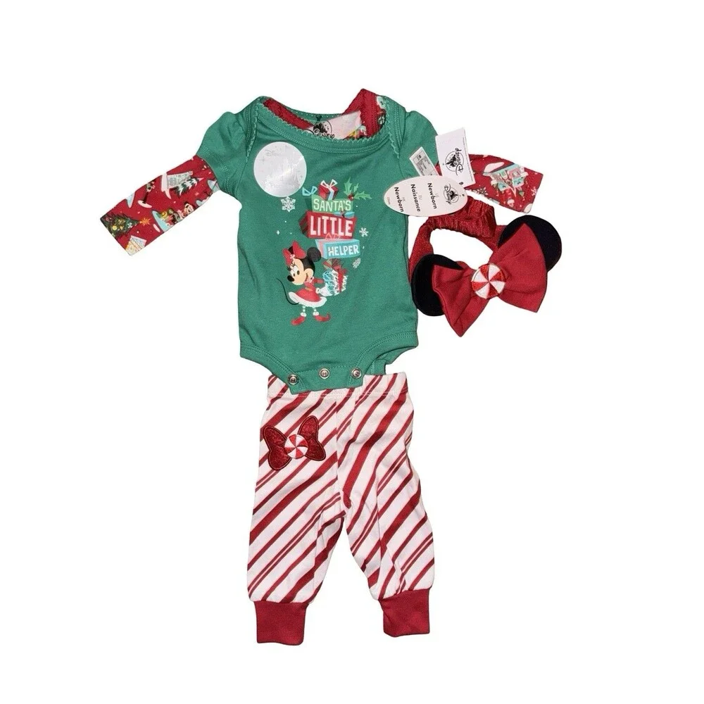 Disney Parks Christmas Baby Outfit Set Minnie Mouse Bow Bodysuit Pants 3 Months